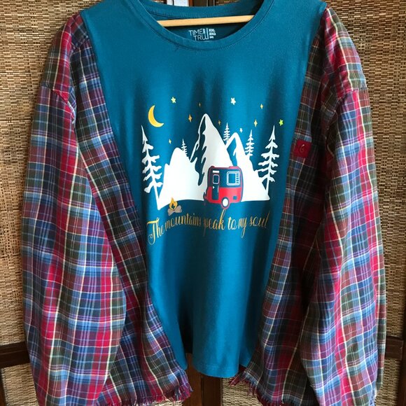 Flannel Shirt Upcycle, Size L-2XL: Reworked Oversized Mountain Camping Graphic - Picture 8 of 12